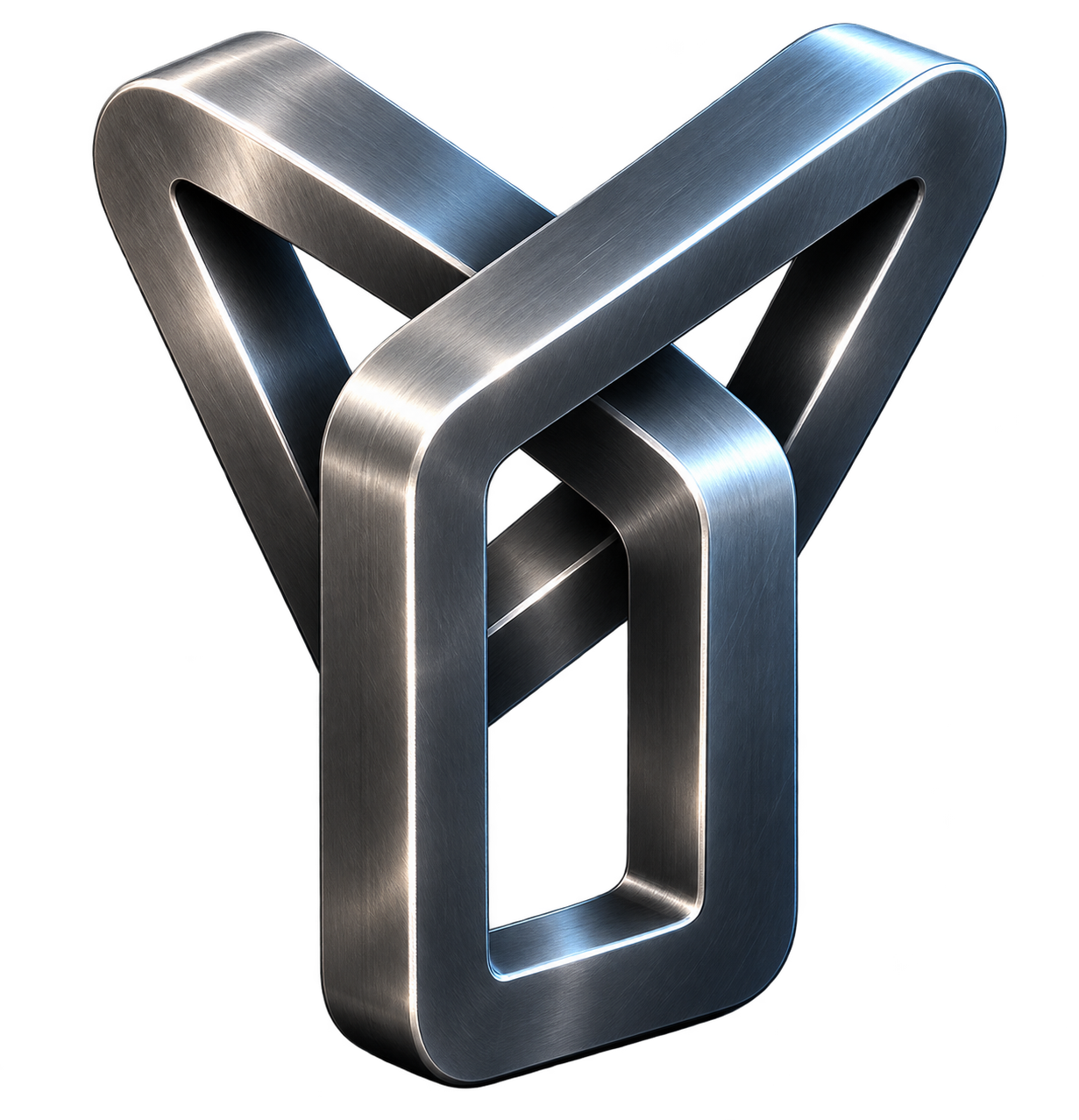 pleXcreen Symbol — ein metallisches Objekt aus gebürstetem Titan, das aus unterschiedlichen Perspektiven ein und dieselbe Realität zeigt